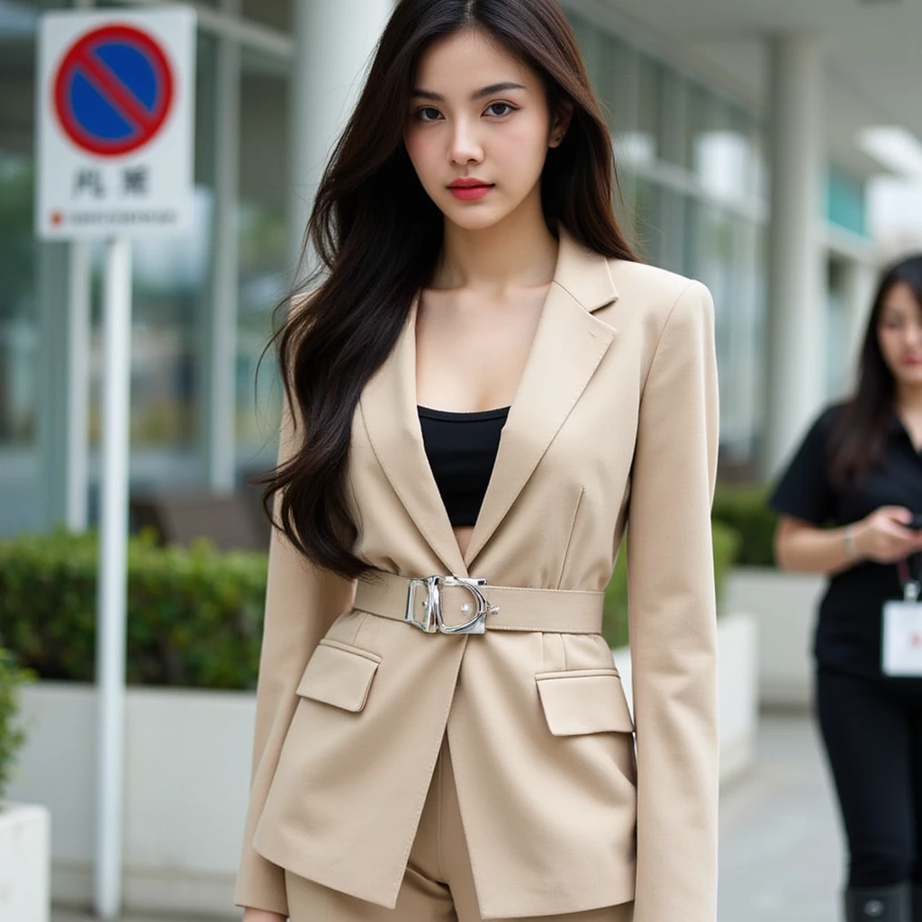 Chinese girl, 22 years old, white, cm .185 White skin, with a natural and symmetrical heel, wearing a beige suit, a long denim skirt +Prada long jeans belted with a sexy release, paired with a black cropped top inside and black long boots. The dress feels both formal and fashionable.