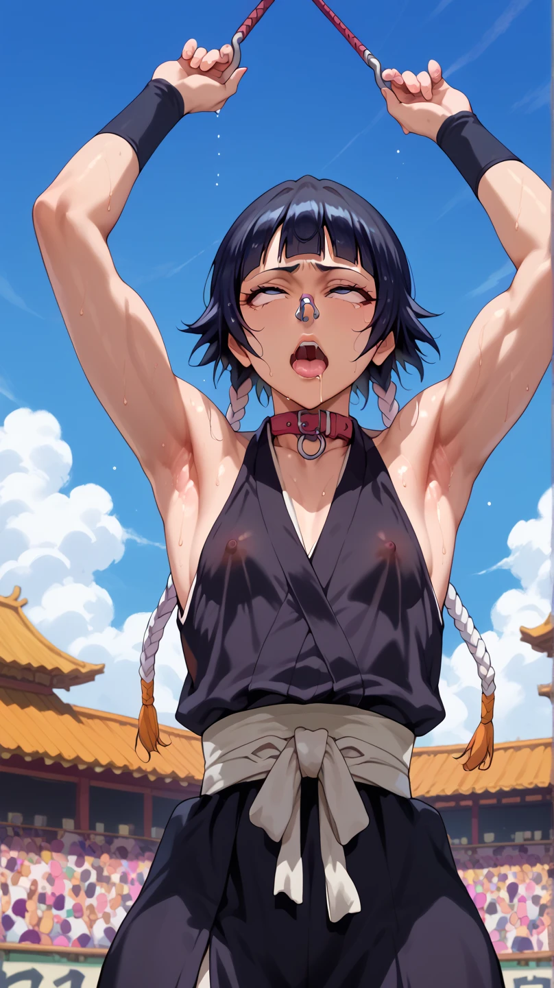 a picture, inspired by Kentaro Miura, trending on pixiv, soifon from bleach, black uniform, favorite scene, fine details, skins, sweating, small breasts, both hands raised, armpits, (small head),armpits visible, dripping with sweat, more more sweat, ((Japanese clothes)),open mouth,rolling eyes,muscle,kneel down,open legs,For the audience, (muscle:1.2),Looking at the audience, tired, (small breasts),sexy body,perfect body,(drooling), tears, head wet, runny nose, black hair, Nipple exposure，dog collar,nose hook.