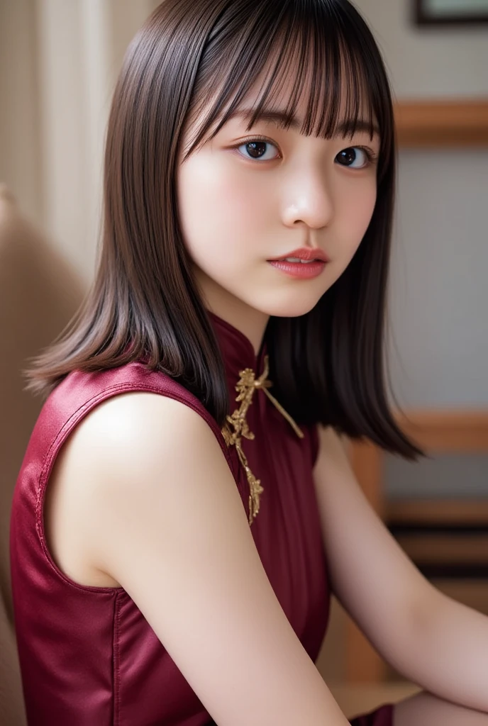 (((top-down configuration:1.4))), (best quality:1.4), (ultra highres:1.2), (photorealistic:1.4), (16k, RAW photo:1.2), (portrait shot:1.3), professional lighting, Japanese goddess, gravure, detailed face and skin texture, detailed eyes, looking at camera, nsfw, beautiful eyes, detailed eyes, beautiful face, detailed face, ((shy:1.3)), (highest quality), glowing skin, (smooth lighting:1.2), (cinema lighting:1.2), (brown long hair), (bangs:1.4), (((China dress:1.2)), ((cheongsam:1.5)), (wine red dress), (brocade dress:1.3), sleeveless, (((emphasize cleavage:1.5))), (((cleavage cutout:1.8))), (((clothing cutout))), ((tight mini skirt:1.6)), ultra detailed dress, (gold decoration), (bare thighs:1.4), (bare legs:1.2), sitting down, leaning forward, (arms behind head:1.3), (emphasize armpit:1.4), (from slightly side)