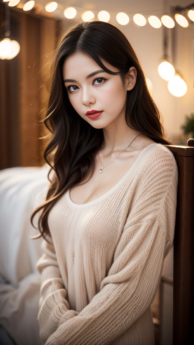 1girl in, age19, Solo, Long hair, Colossal tits, Looking at Viewer, blondehair, Bare shoulders, Brown eyes, jewely, Full body, a necklace, off shoulders, Sweaters, Realistic, A sexy