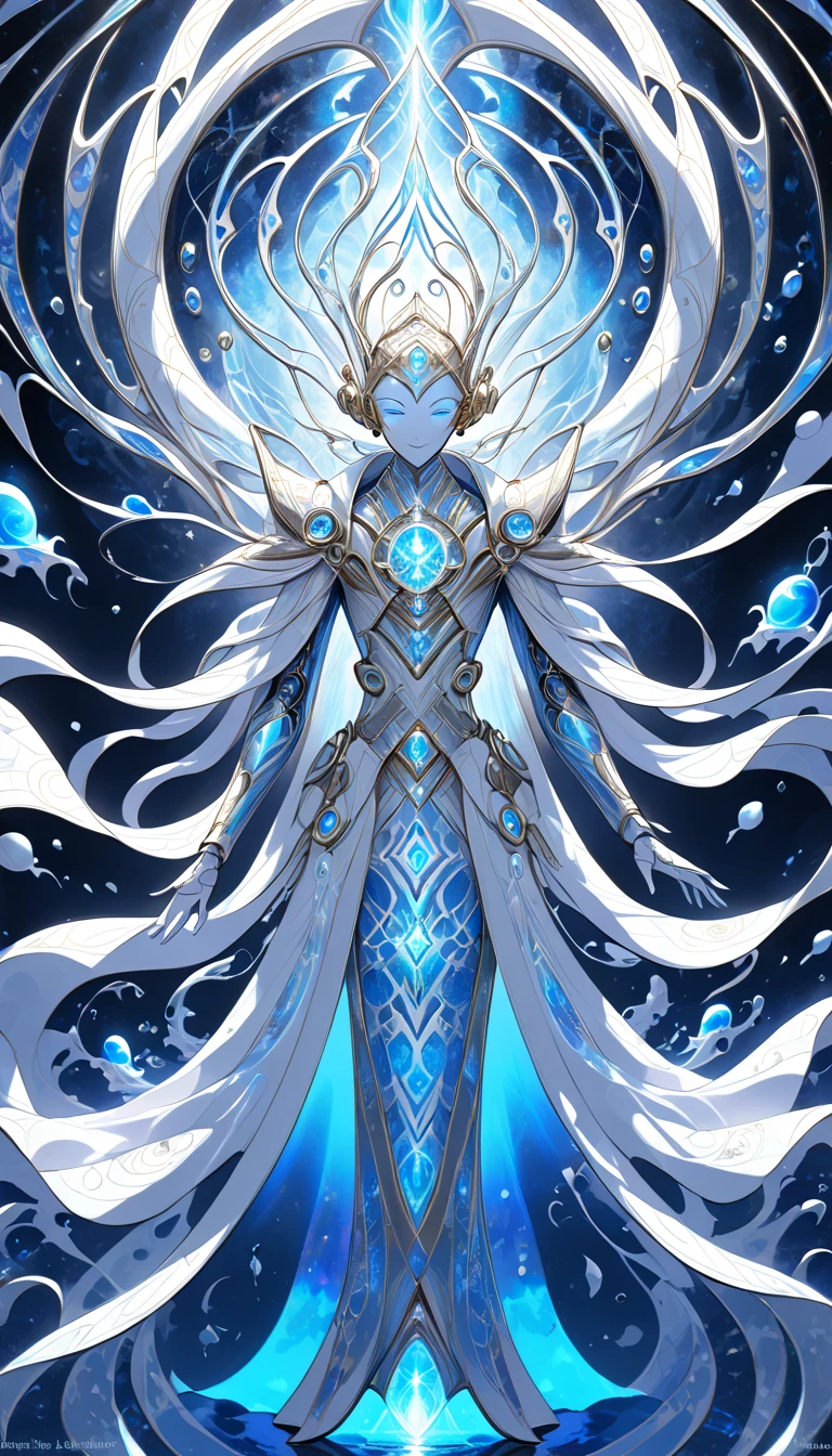 "The Illuminated Visionary ":  An Aquarius humanoid floating serenely ,  surrounded by rings of light in shades of blue and pearlescent white.  His robotic body radiates pure energy ,  with circuits that resemble galaxies in motion .  The surrounding environment is an ocean of calm light ,  where the waves reflect the colors of its brightness .