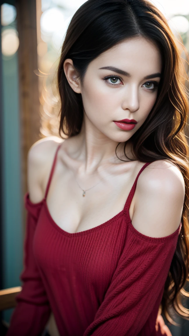 arafed woman with a red shirt, sasha grey, portrait sophie mudd, 18 years old, stunning closeupheadshot, madison beer girl portrait, violet myers, she looks like a mix of grimes, very pretty model, arian mark, 8k resolution, very detailed image, bundled hair, blue eyes, sunny day, lens fllare, nikon,