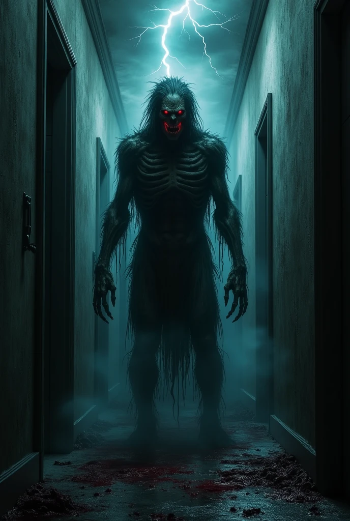 Dark destroyed hospital scenery, male, realistic style, sinister yellow eyes cut through the darkness, long sharp claws, evil tattoos on arms, scars, shallow, muted colors, intricate details, menacing expression, translucent, dark, spooky, surreal, photorealistic, masterpiece, best quality, High quality texture, detailed texture, ultra-detailed, 8K, HDR