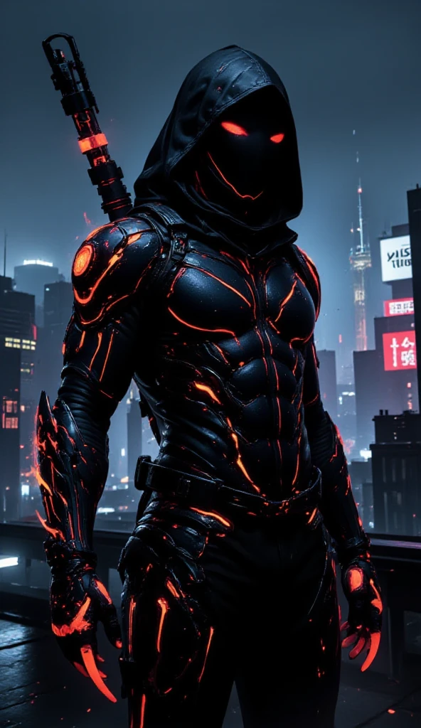 A black leather full-body image 、and a hood, Close-up of a hooded person in invisible armor . wears leather armor, Tights.epic ninja suit, Rogue.Leather fit to cover the whole body. smooth leather .Boy Teenage Assassin , stealth suit , Cyberpunk assassin , stands on the roof of a skyscraper.Handheld composite mechanical giant bow . black night . Dark atmosphere .Low light.Weak lights cast dramatic shadows. Weird cyberpunk atmosphere . cyberpunk city.Futuristic tech style
