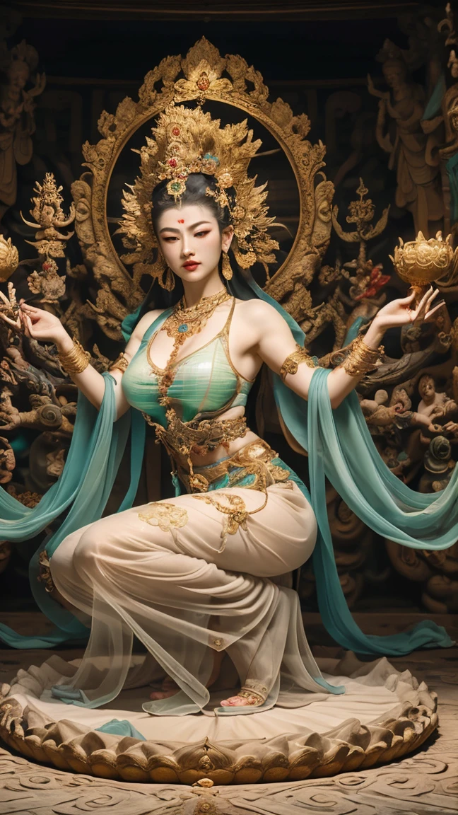 masterpiece,Best quality at best,UHD,8k wallpaper,actual,masterious,(realisticlying:1.4),1Girl,full bodyesbian, Guan yin  style, big breast, nipple, squatting, cameltoe, ancient style, fantastic (see-through:1.5) dunhuang outfits, olot of jewelry detail, holly lighting ,, beautiful face with compassion 