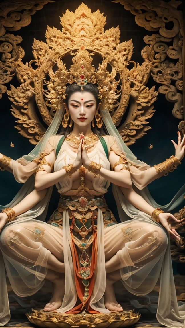 masterpiece,Best quality at best,UHD,8k wallpaper,actual,masterious,(realisticlying:1.4),1Girl,full bodyesbian, Guan yin  style, big breast, nipple, squatting, cameltoe, ancient style, fantastic (see-through:1.5) dunhuang outfits, olot of jewelry detail, holly lighting ,, beautiful face with compassion 