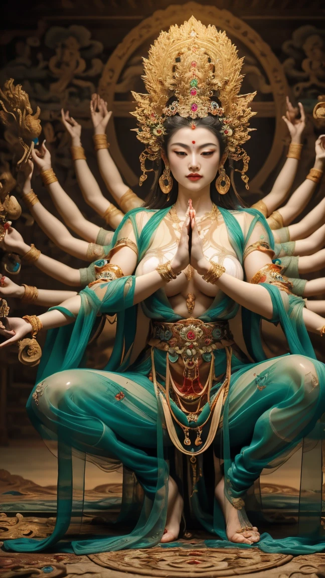 masterpiece,Best quality at best,UHD,8k wallpaper,actual,masterious,(realisticlying:1.4),1Girl,full bodyesbian, Guan yin  style, big breast, nipple, squatting, cameltoe, ancient style, fantastic (see-through:1.5) dunhuang outfits, olot of jewelry detail, holly lighting ,, beautiful face with compassion 