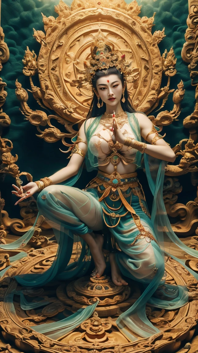 masterpiece,Best quality at best,UHD,8k wallpaper,actual,masterious,(realisticlying:1.4),1Girl,full bodyesbian, Guan yin  style, big breast, nipple, squatting, cameltoe, ancient style, fantastic (see-through:1.5) dunhuang outfits, olot of jewelry detail, holly lighting ,, beautiful face with compassion 