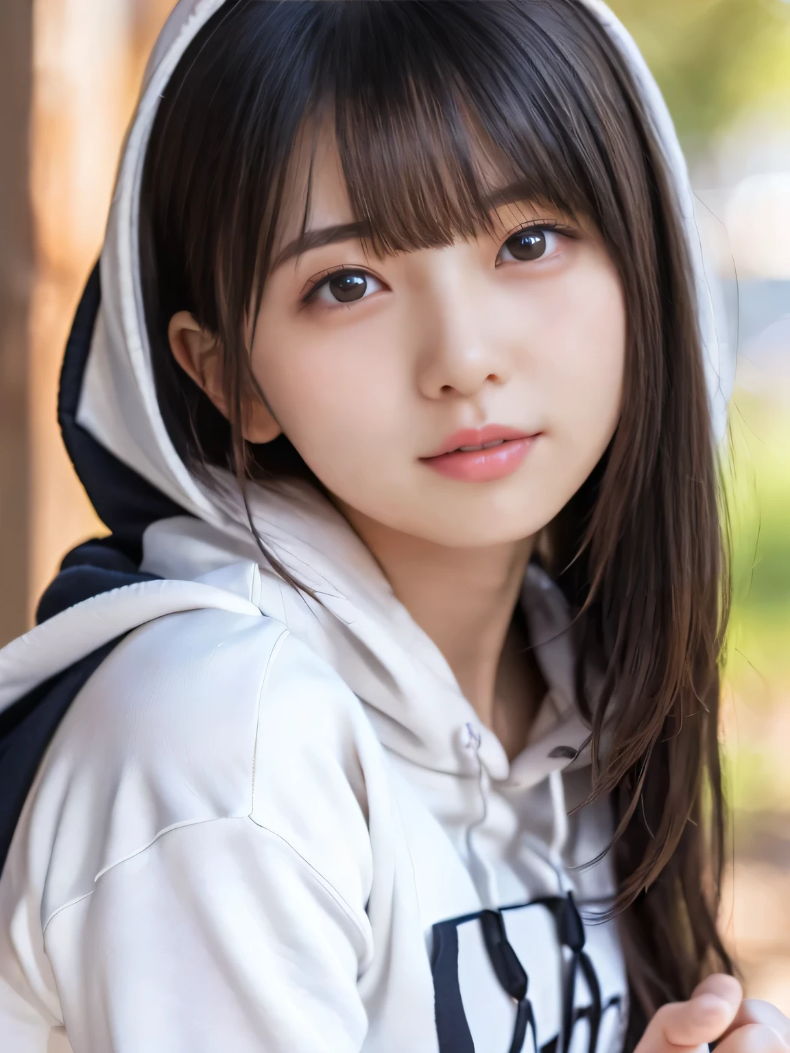 masterpiece,best quality,very beautiful 12 year old girl,black adidas sweatshirt hoodie,Highest quality,(realistic:1.5),Wink,twin tails,smile,Put on the hood