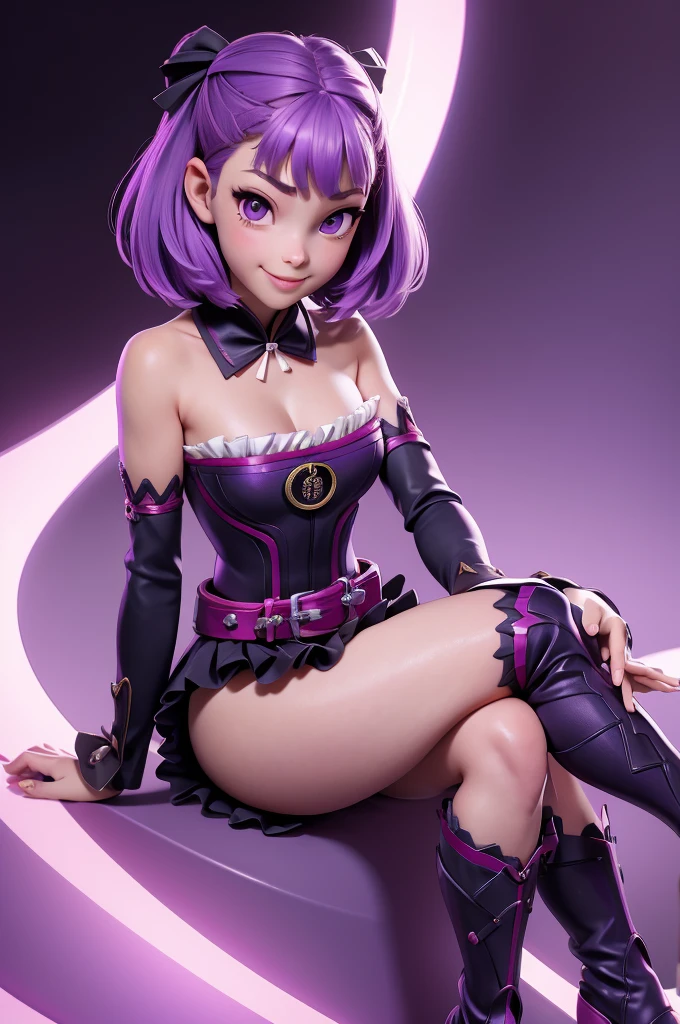 an artistic, sexy, anime drawing of a girl in a skirt and high boots, 1girl, helena blavatsky (fate), solo, purple hair, smile, bare shoulders, white sleeves, thighhighs, purple eyes, panties around one leg, looking at viewer, detached sleeves, sitting, strapless, flat chest, short hair, detached collar