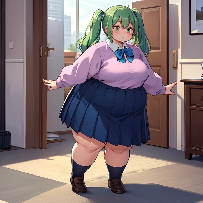 (((baby cute little))), (((white shirt, sweater vest, black vest, short skirt))), ((soft green hair )), (((hair over eyes))), ((chubby)), (((obese))), ((fat face)), (((big belly))), (((open mouth))), fat wide thighs, belly, (((tender pose ))), (((in a room))), detailed background, ((full body image)), (((both hands on breasts))), (((perfect fat belly))),