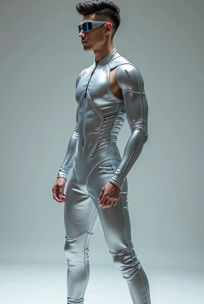 Futuristic rubber high waisted white leotard, skin tight, hair visible, hands visible, gloves, boots, toned male, young man, shiny leotard, hands covered, handsome boy, big bulge , thick thighs , thick hips , handsome Korean man , K-pop idol, (bare thighs), exposed thighs , sexy , NSFW , eroticism , epic reality , epic photorealistic , bottomless , detail face , epic reality , ultra realism