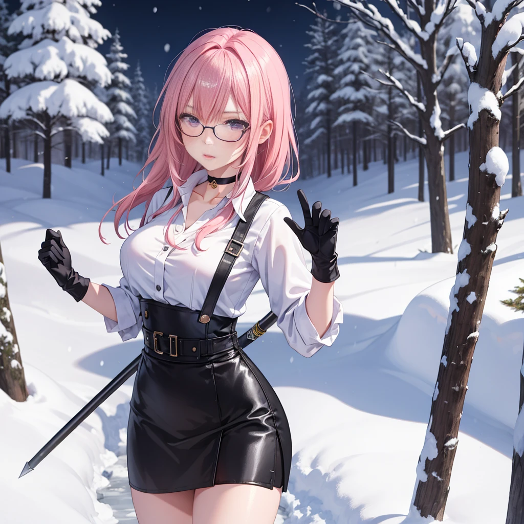 ((blood droplets)), ((blood)), ((blood splatter)), ((blood on clothes)), ((blood stain)), Masterpiece, Beautiful art, professional artist, 8k, art style by sciamano240, front view, Very detailed face, Detailed clothing, detailed fabric, 1 girl, perfectly drawn body, big breasts, fighting pose, beautiful face, long silver hair, blue eyes, very detailed eyes, pink cheeks, shy expression, glasses, choker:1.6, (long sleeve white collar buttoned shirt), black gloves, gloves covering hands, (holding an ax in the right hand), (black leather corset), (shiny black tight mini skirt), sensual lips , evening de invierno, show details in the eyes, view from front, looking at the viewer, snowy trail, Snowy forest, evening, Atmosphere, snow