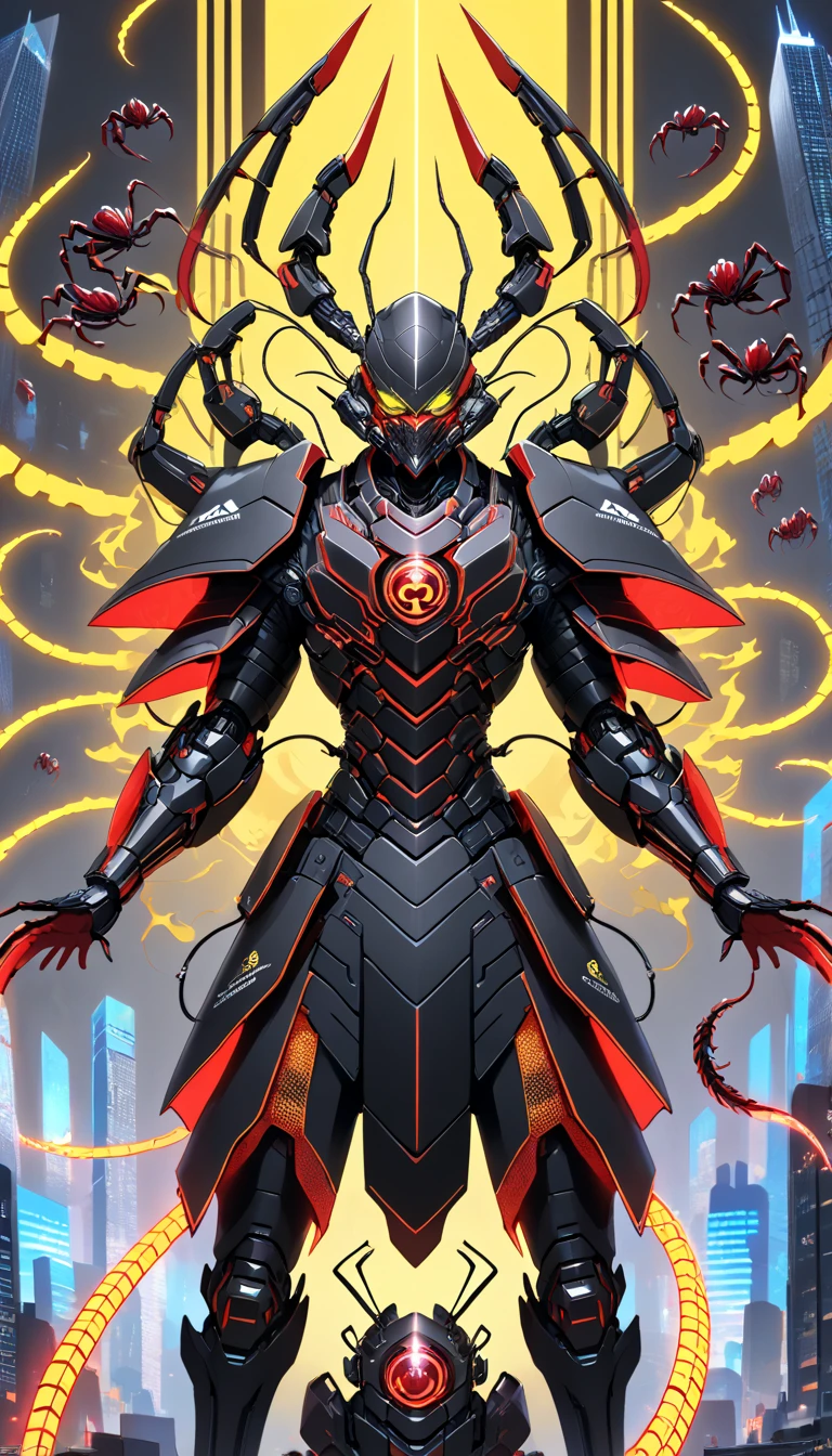 " A Scorpion-themed robotic warrior ,  displaying matte black titanium armor and lines of pulsating red light .  The design includes a retractable tail with sharp blades and shoulder pads shaped like technological tweezers. The eyes glow in intense yellow ,  and the chest features a glowing scorpion symbol in hologram .  The background is a futuristic city with glowing skyscrapers and drones patrolling the sky . The pose is imposing,  conveying an aura of respect and fear ."