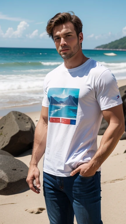 modern, 8k, best quality, UHD, textured skin, highres,A European and American man wearing beach pants and a T-shirt,Standing under the coconut trees,Very strong man,Taking photo poses