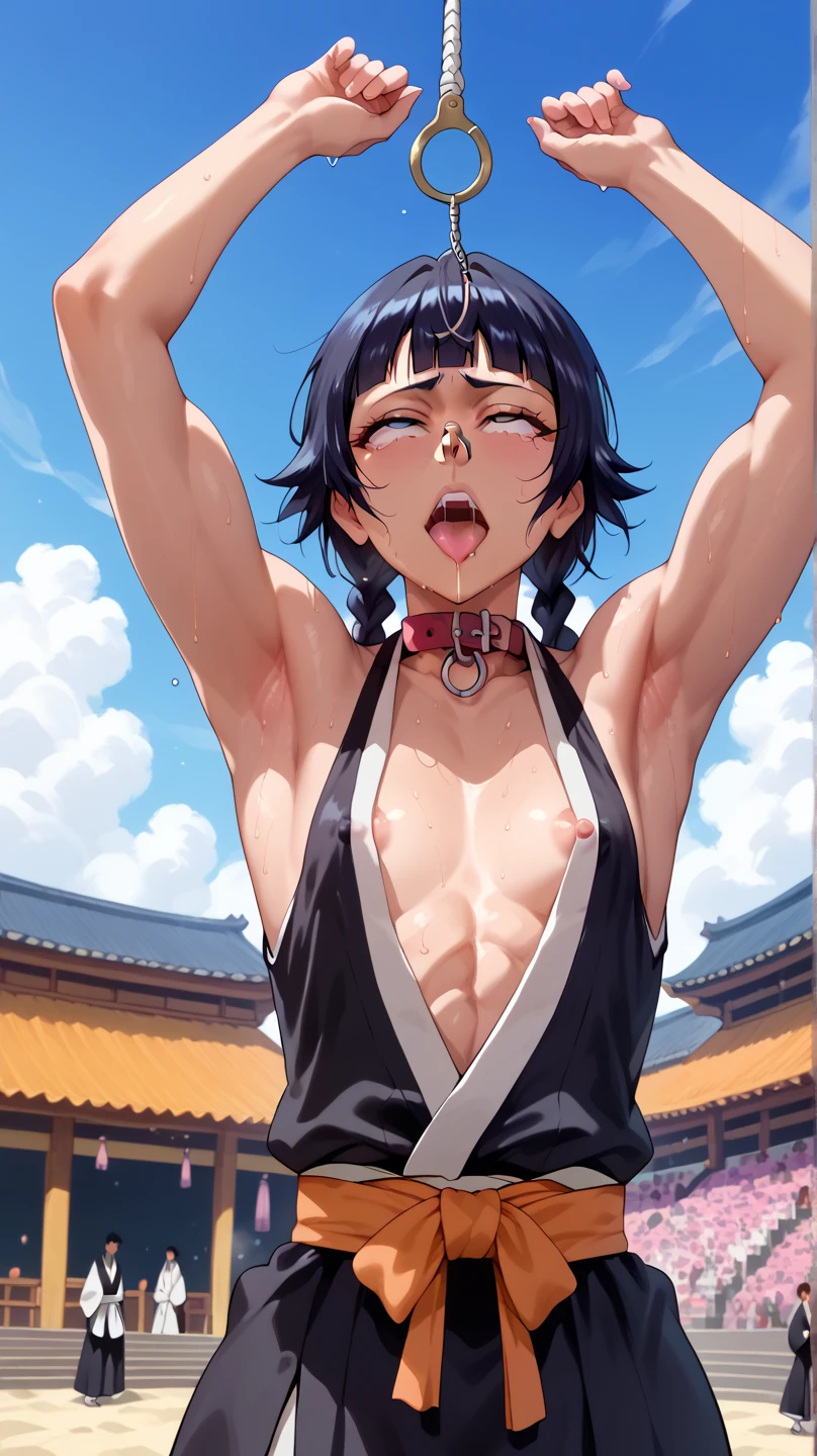 a picture, inspired by Kentaro Miura, trending on pixiv, soifon from bleach, black uniform, favorite scene, fine details, skins, sweating, small breasts, both hands raised, armpits, (small head),armpits visible, dripping with sweat, more more sweat, ((Japanese clothes)),open mouth,rolling eyes,muscle,kneel down,open legs,For the audience, (muscle:1.2),Looking at the audience, tired, (small breasts),sexy body,perfect body,(drooling), tears, head wet, runny nose, black hair, Nipple exposure，dog collar,nose hook, （no braid）.