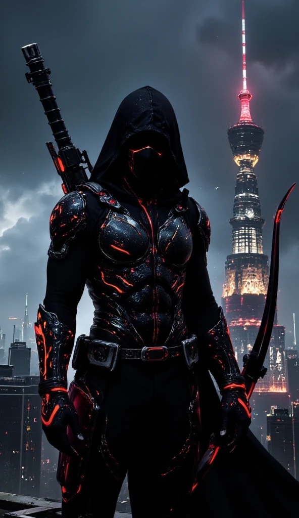 A black leather full-body image 、and a hood, Close-up of a hooded person in invisible armor . wears leather armor, Tights.epic ninja suit, Rogue.Leather fit to cover the whole body. smooth leather .Boy Teenage Assassin , stealth suit , Cyberpunk assassin , stands on the roof of a skyscraper.Handheld composite mechanical giant bow . black night . Dark atmosphere .Low light.Weak lights cast dramatic shadows. Weird cyberpunk atmosphere . cyberpunk city.Futuristic tech style
