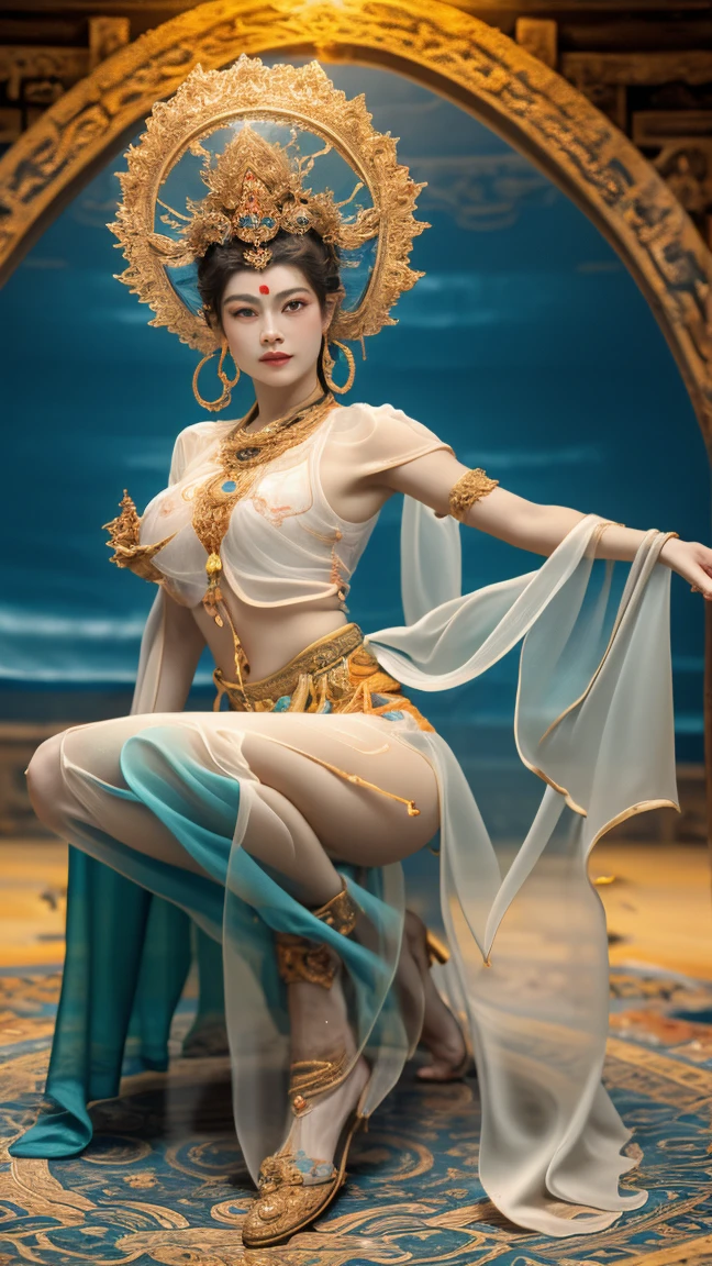 masterpiece,Best quality at best,UHD,8k wallpaper,actual,masterious,(realisticlying:1.4),1Girl,full bodyesbian, Guan yin  style, big breast, nipple, squatting, cameltoe, ancient style, fantastic (see-through:1.9) dunhuang outfits, jewelry detail, holly lighting ,, beautiful face with compassion 