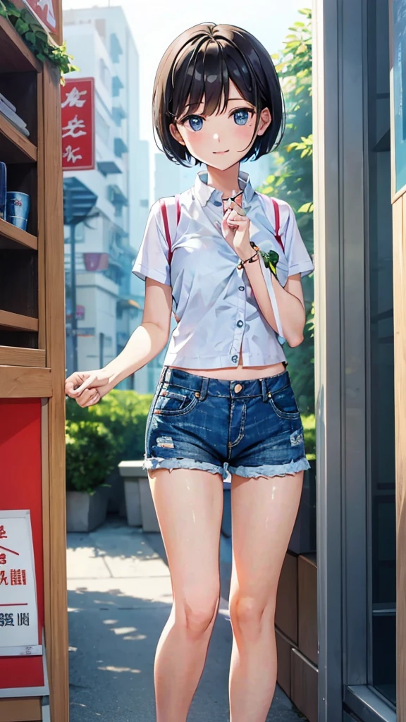 cute girl with very short hair， two-dimensional style， white shirt ，denim shorts。Cute girl with very short hair that falls with her hands naturally 。