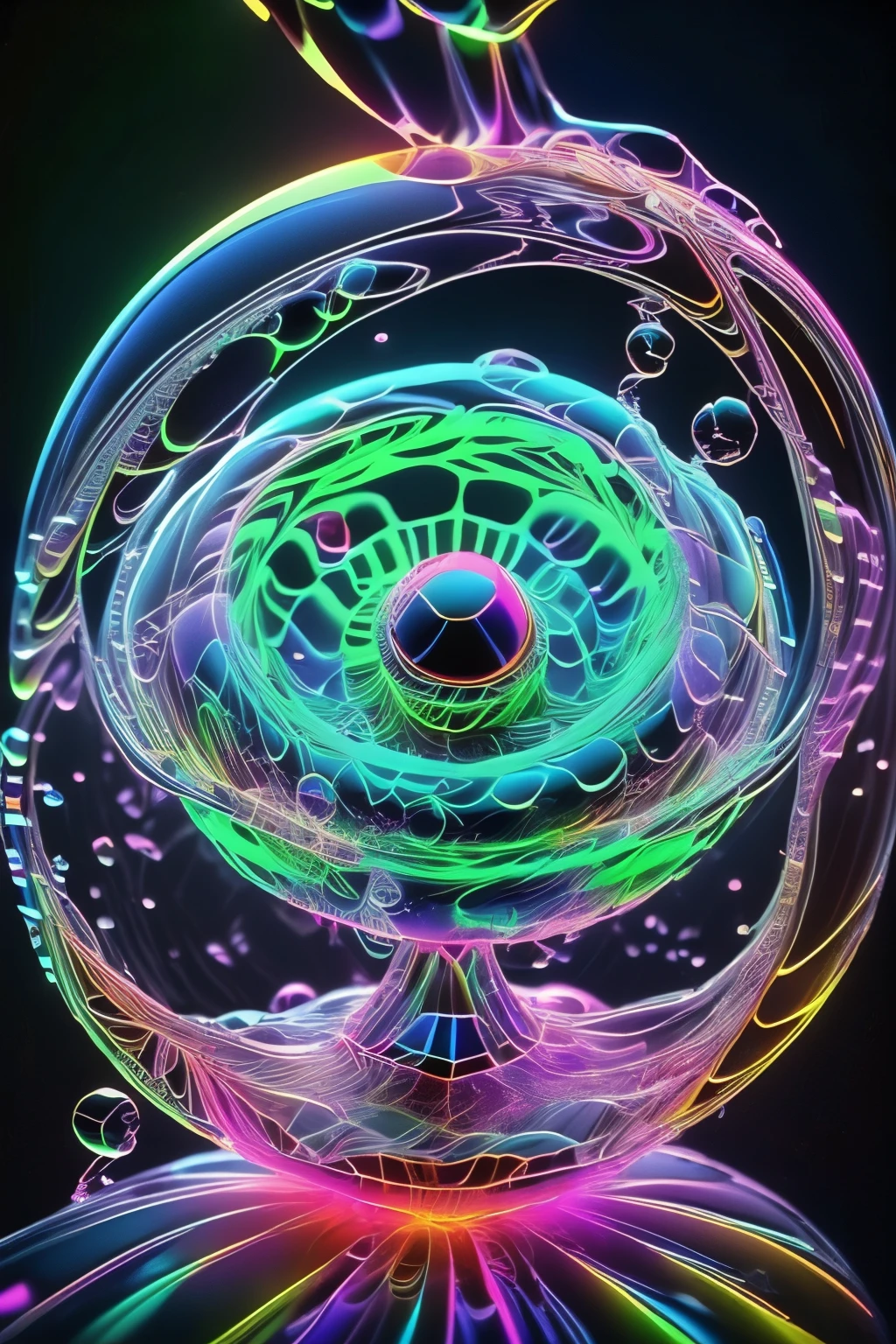 A spiraling vortex of beautiful bubbles of different neon colors swirling over and under each other, LSD, DMT imagery, psychedelic droplets of water, abstract liquid, and intricate rainbow art. octane render, black 3d fluid simulation,ethereal bubbles, swirling multicolored liquids against a pitch black background and highly detailed, octane render, reflective rainbow bubbles, twisted colors inside of glass spheres, Psilocybin Dream inside an amazing image of light emerging from colors in a shimmering glass morphing out of colors, bright neon and fluorescent colors,very bright, vibrant colors, perfectly formed and symmetrical reflective bubbles and spheres, attention to detail with these beautiful bubbles and spheres, Extreme Hallucinations in a gorgeous piece of  psychedelic digital artwork, Stunning, pixel art, tripped out colors, 4d mandelbulb psychedelics, glass like psychedelic landscape, intricate rainbow environment, psychedelic underwater brightness and glow with neon colors, glowing colors twist inside of translucent glass spheres and bubbles with light and color reflecting off of both in bright fluorescent colors, psychedelic trip, fluorescent and neon aesthetic, psychedelic vibrant colors, bright psychedelic paint splattered backgrounds,swirling spirals and vortex, bright vibrant colors popping out from 3d glass spheres, Rotational Symmetry, Pixel Assets, Portrait photography, Surrealism, Photorealistic, Hyperdetailed, Glass Morphism, Digital Art, Sparkle, Optical Illusion, Glowing Light, Reflective Light, Overexposure, Backlighting, Depth Of Field, Spheres and bubbles show perfect Symmetry, UHD, High Details, High Quality, Super Detailed, Full Focus, Awe inspiring,  Breathtaking, Indescribably Beautiful, Heaven sent images, Best Quality, Award Winning, Masterpiece. psychedelic droplets of water, abstract liquid, and intricate, octane render, black 3d fluid simulation,  