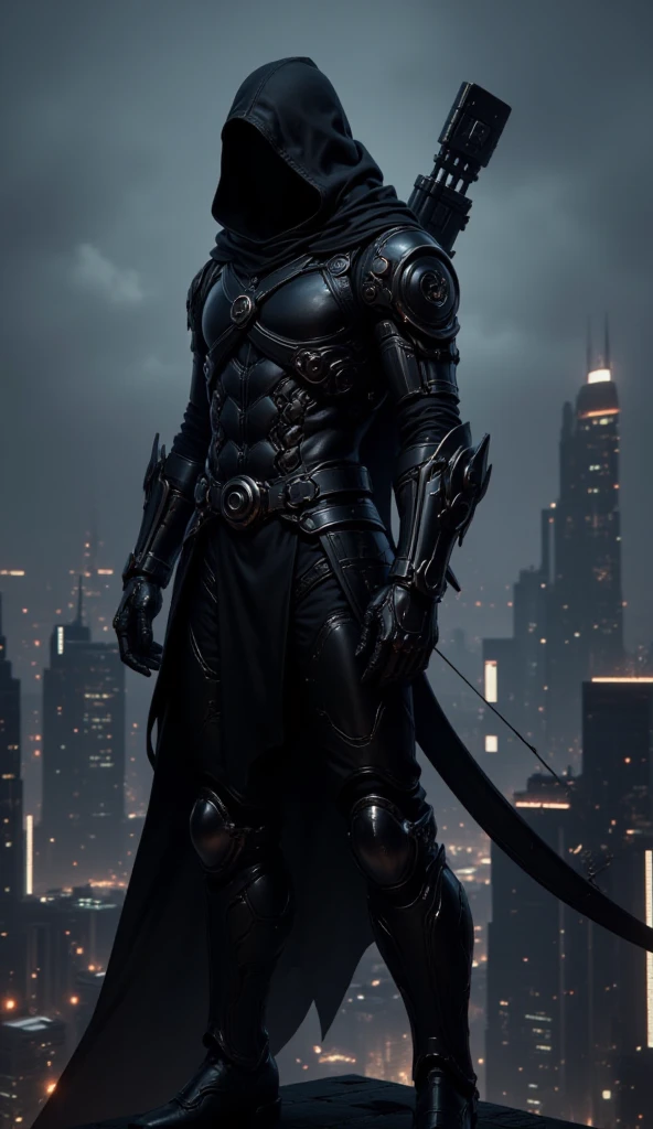 A black leather full-body image 、and a hood, Close-up of a hooded person in invisible armor . wears leather armor, Tights.epic ninja suit, Rogue.Leather fit to cover the whole body. smooth leather .Boy Teenage Assassin , stealth suit , Cyberpunk assassin , stands on the roof of a skyscraper.Handheld composite mechanical giant bow . black night . Dark atmosphere .Low light.Weak lights cast dramatic shadows. Weird cyberpunk atmosphere . cyberpunk city.Futuristic tech style
