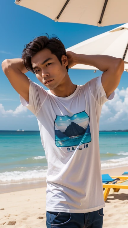 man sitting alone resting, Wear a t-shirt and spread shorts on the beach.. There was a table full of seafood., Long tail boat, Atmosphere of the Andaman Sea, clear water, Morning atmosphere.
