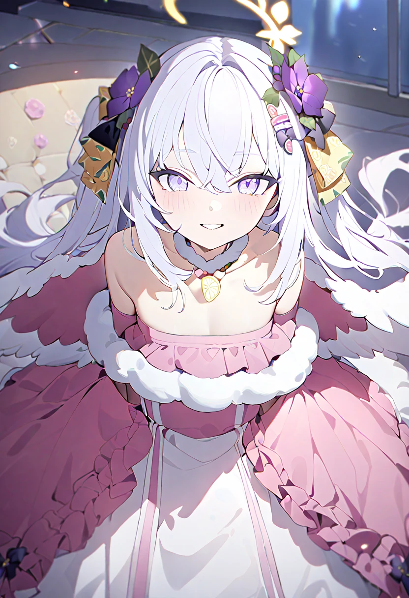 blue_archive azusa_(blue_archive) 1girl alternate_costume angel_wings black_bow bow crossed_bangs dress feathered_wings flower fur_trim hair_flower hair_ornament halo hat light_blush long_hair low_wings pink_eyes purple_flower santa_costume santa_dress santa_hat solo white_hair white_wings wing_ornament wings yellow_bow yellow_halo smile masterpiece, best quality