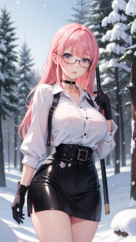 1 girl, Yanagi Tsukishiro , Alone,  big breasts, standing, fighting pose, sensual lips,  pink hair ,  seen from the front,  slender legs ,  Looking at the spectator ,  beautiful eyes ,  detailed eyes , purple eyes, Hold a spear with your right hand,  simple samurai shoulder pad , glasses,  choker :1.6, ( black gloves),  shiny high waist mini skirt,  white shirt with ,  serious expression , snowy forest, snow, blizzard,  at night