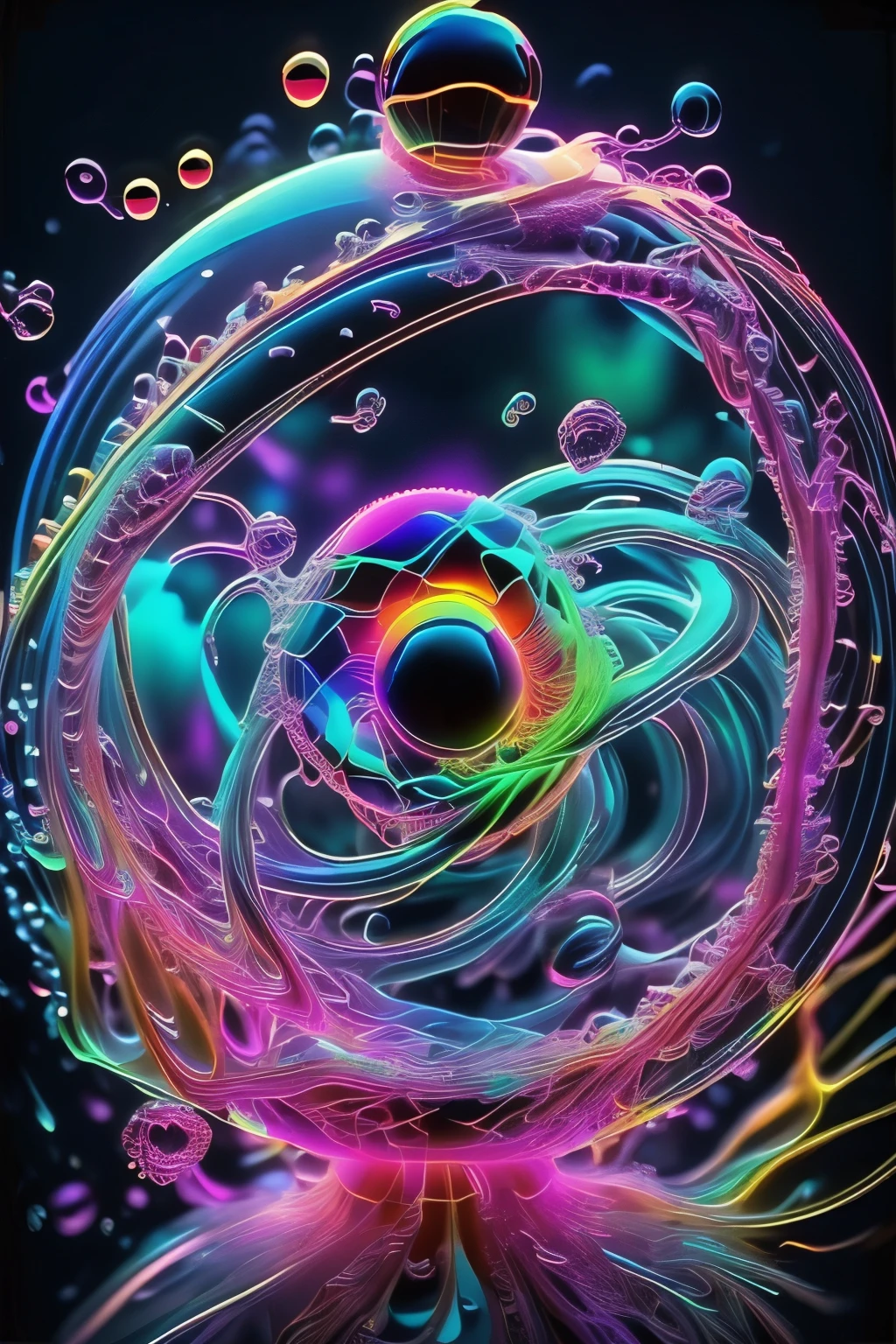 A spiraling vortex of beautiful bubbles of different neon colors swirling over and under each other, LSD, DMT imagery, psychedelic droplets of water, abstract liquid, and intricate rainbow art. octane render, black 3d fluid simulation,ethereal bubbles, swirling multicolored liquids against a pitch black background and highly detailed, octane render, reflective rainbow bubbles, twisted colors inside of glass spheres, Psilocybin Dream inside an amazing image of light emerging from colors in a shimmering glass morphing out of colors, bright neon and fluorescent colors,very bright, vibrant colors, perfectly formed and symmetrical reflective bubbles and spheres, attention to detail with these beautiful bubbles and spheres, Extreme Hallucinations in a gorgeous piece of  psychedelic digital artwork, Stunning, pixel art, tripped out colors, 4d mandelbulb psychedelics, glass like psychedelic landscape, intricate rainbow environment, psychedelic underwater brightness and glow with neon colors, glowing colors twist inside of translucent glass spheres and bubbles with light and color reflecting off of both in bright fluorescent colors, psychedelic trip, fluorescent and neon aesthetic, psychedelic vibrant colors, bright psychedelic paint splattered backgrounds,swirling spirals and vortex, bright vibrant colors popping out from 3d glass spheres, Rotational Symmetry, Pixel Assets, Portrait photography, Surrealism, Photorealistic, Hyperdetailed, Glass Morphism, Digital Art, Sparkle, Optical Illusion, Glowing Light, Reflective Light, Overexposure, Backlighting, Depth Of Field, Spheres and bubbles show perfect Symmetry, UHD, High Details, High Quality, Super Detailed, Full Focus, Awe inspiring,  Breathtaking, Indescribably Beautiful, Heaven sent images, Best Quality, Award Winning, Masterpiece. psychedelic droplets of water, abstract liquid, and intricate, octane render, black 3d fluid simulation,  