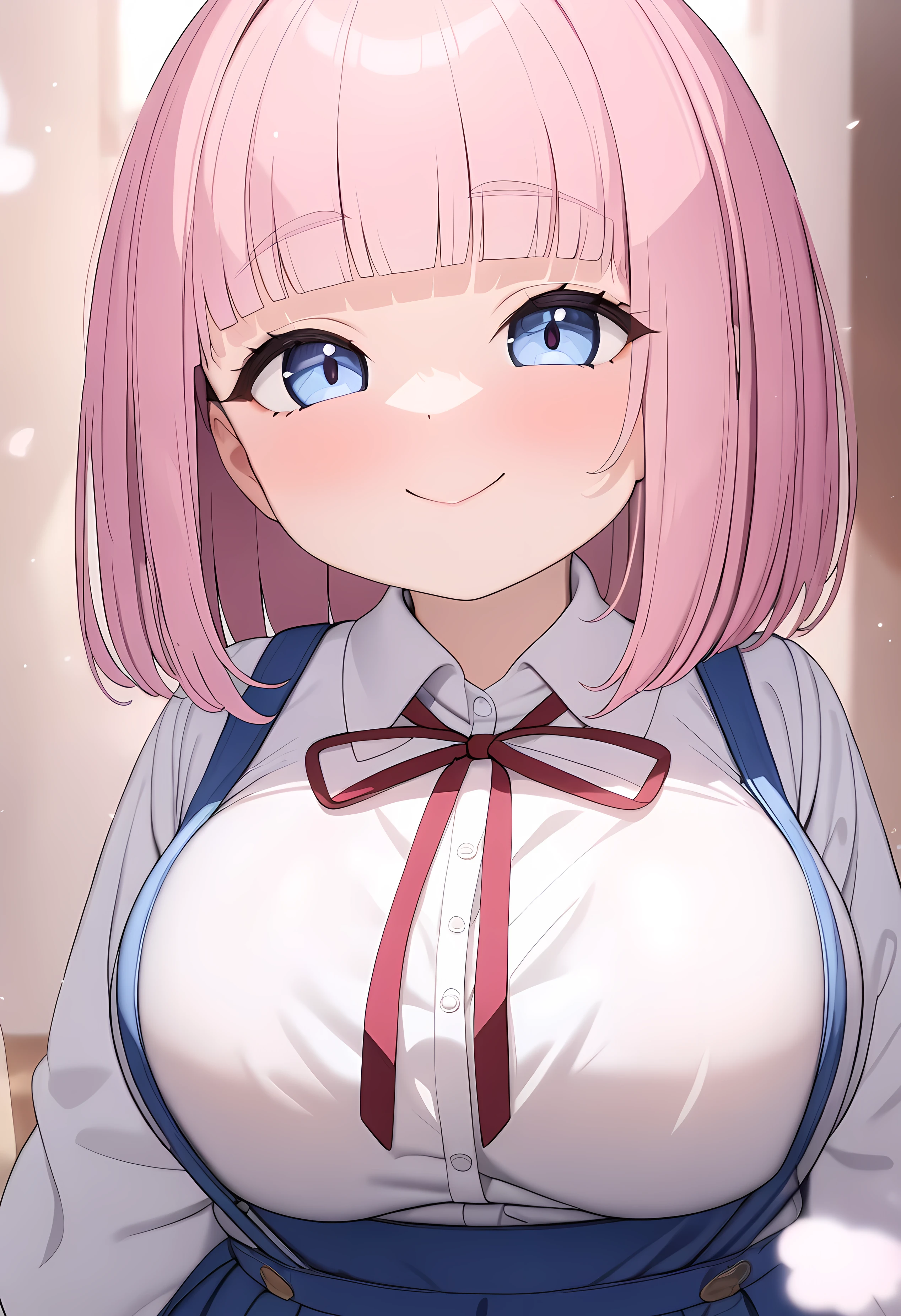 ( , loli:1.5), ( Long Sleeve White Blouse , blue suspender skirt, red chest ribbon ), (naughty face, light blush, Beautiful light blue eyes), (blunt bangs, bob hair, pink hair), ( very big breasts), ( big thighs ) School, (8k, best quality, masterpiece, clear, ultra high res, super detail, accurate, high details, highres icon,,Detailed face)