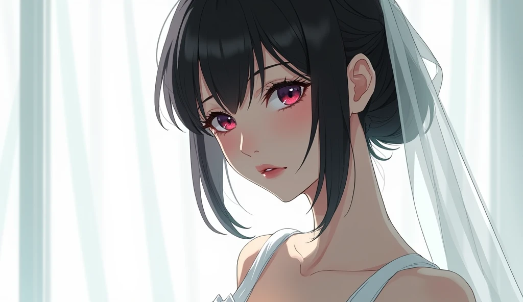 masterpiece, best quality, highres, 1girl, ddkurumi, bride, bridal veil, tiara, earrings, hair over one eye, jewelry, necklace, cleavage, bare shoulders, wedding dress, white dress, strapless, white gloves, elbow gloves, <lora:tokisaki_kurumi_v1:0.8>, upper body, (blush), true love, marriage, happy, tears, looking at viewer, pov, eye contact, sunlight, shadow, <lora:incominghugAlpha16:1>, (incoming kiss:1.2), closed eyes, eyeshadow, lipstick, church,