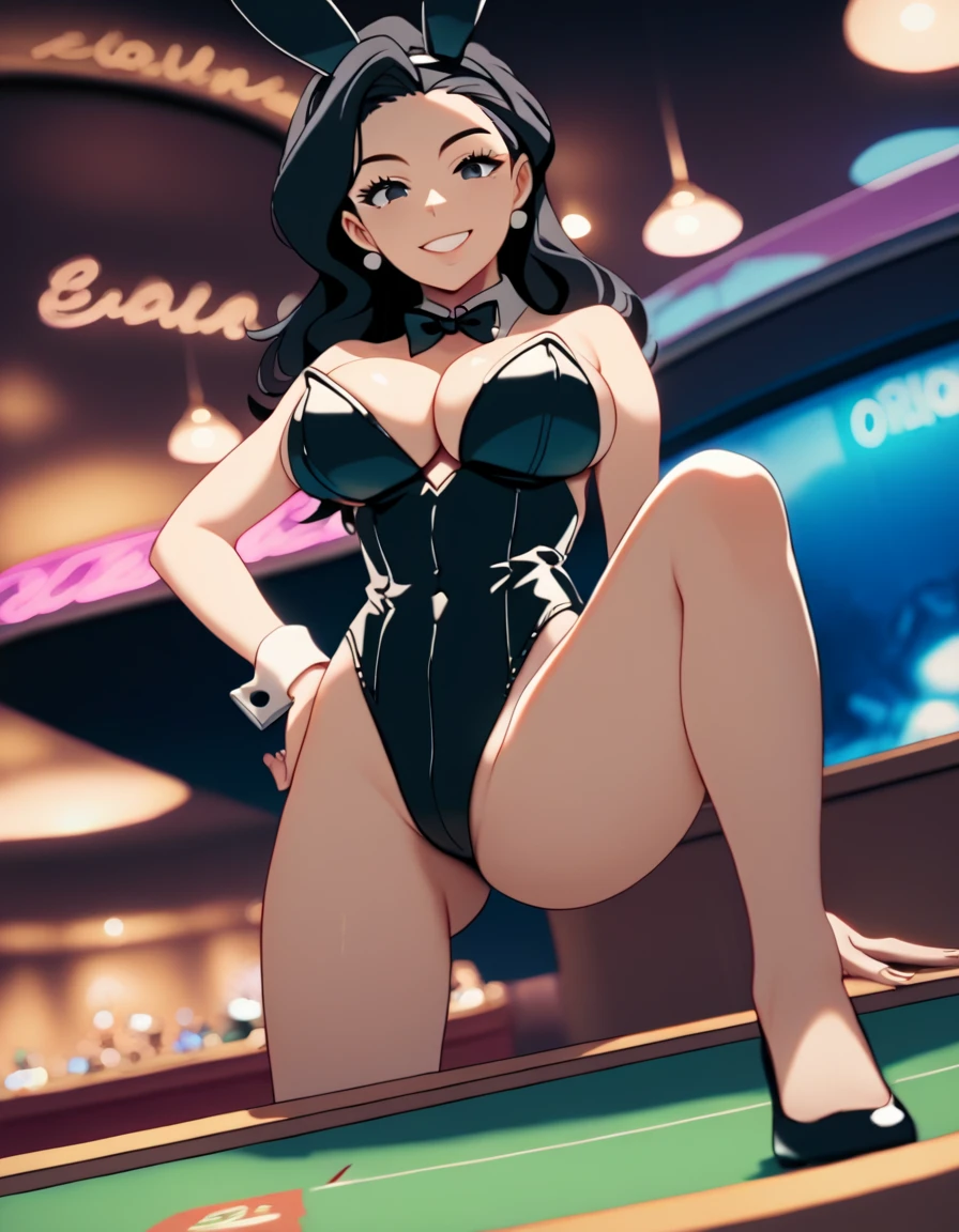 score_9, score_8_up, score_7_up, source_anime, best quality, clear face, 1girl, sonya, black hair, black eyes, long hair, large breasts, cleavage, looking at viewer, standing, playboy bunny, black clothes, dynamic angle, smile, casino, low angle, spread legs