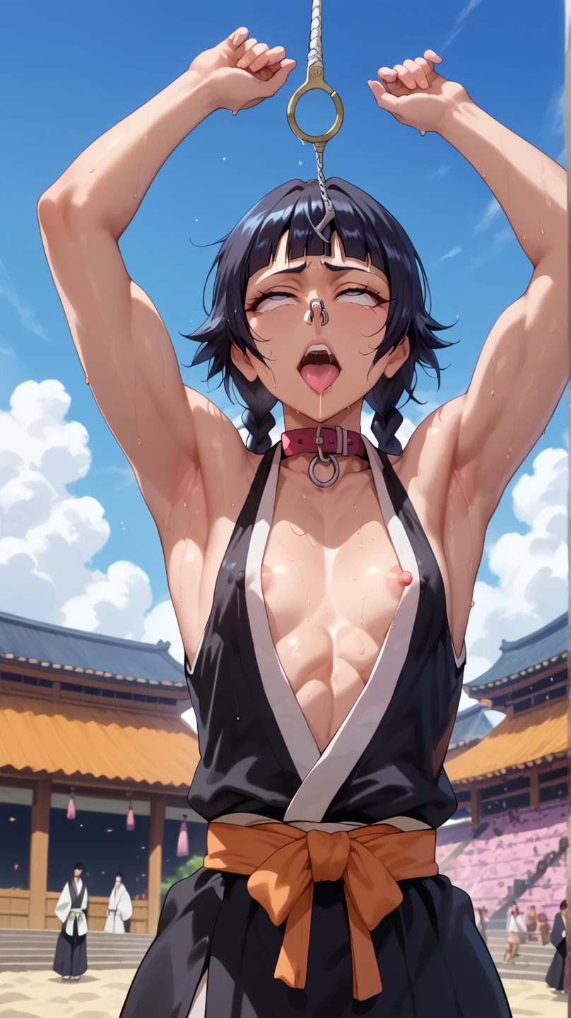 a picture, inspired by Kentaro Miura, trending on pixiv, soifon from bleach, black uniform, favorite scene, fine details, skins, sweating, small breasts, both hands raised, armpits, (small head),armpits visible, dripping with sweat, more more sweat, ((Japanese clothes)),open mouth,rolling eyes,muscle,kneel down,open legs,For the audience, (muscle:1.2),Looking at the audience, tired, (small breasts),sexy body,perfect body,(drooling), tears, head wet, runny nose, black hair, Nipple exposure，dog collar,nose hook, （no braid）.