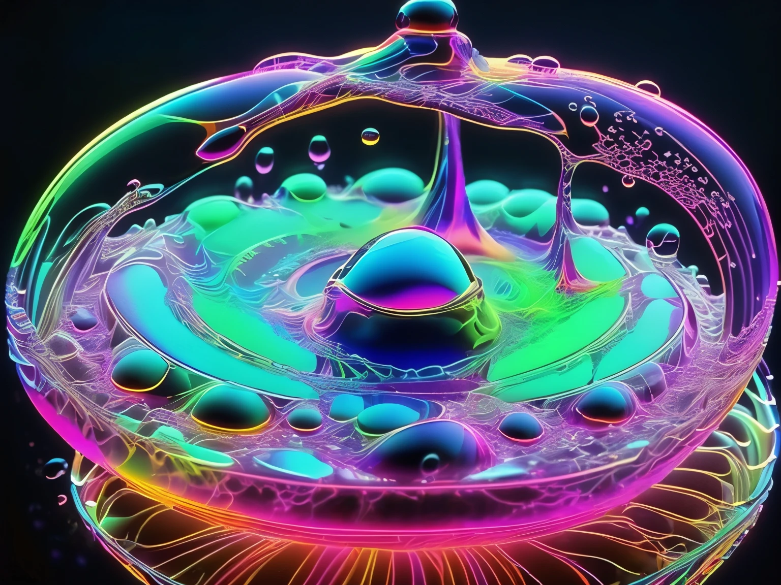 A spiraling vortex of beautiful bubbles of different neon colors swirling over and under each other, LSD, DMT imagery, psychedelic droplets of water, abstract liquid, and intricate rainbow art. octane render, black 3d fluid simulation,ethereal bubbles, swirling multicolored liquids against a pitch black background and highly detailed, octane render, reflective rainbow bubbles, twisted colors inside of glass spheres, Psilocybin Dream inside an amazing image of light emerging from colors in a shimmering glass morphing out of colors, bright neon and fluorescent colors,very bright, vibrant colors, perfectly formed and symmetrical reflective bubbles and spheres, attention to detail with these beautiful bubbles and spheres, Extreme Hallucinations in a gorgeous piece of  psychedelic digital artwork, Stunning, pixel art, tripped out colors, 4d mandelbulb psychedelics, glass like psychedelic landscape, intricate rainbow environment, psychedelic underwater brightness and glow with neon colors, glowing colors twist inside of translucent glass spheres and bubbles with light and color reflecting off of both in bright fluorescent colors, psychedelic trip, fluorescent and neon aesthetic, psychedelic vibrant colors, bright psychedelic paint splattered backgrounds,swirling spirals and vortex, bright vibrant colors popping out from 3d glass spheres, Rotational Symmetry, Pixel Assets, Portrait photography, Surrealism, Photorealistic, Hyperdetailed, Glass Morphism, Digital Art, Sparkle, Optical Illusion, Glowing Light, Reflective Light, Overexposure, Backlighting, Depth Of Field, Spheres and bubbles show perfect Symmetry, UHD, High Details, High Quality, Super Detailed, Full Focus, Awe inspiring,  Breathtaking, Indescribably Beautiful, Heaven sent images, Best Quality, Award Winning, Masterpiece. psychedelic droplets of water, abstract liquid, and intricate, octane render, black 3d fluid simulation,  