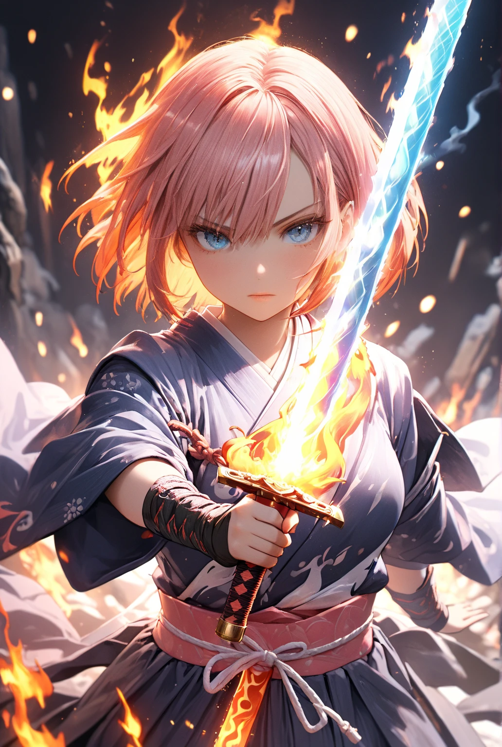 1lady,(((pink short hair,blue eyes))),solo,cool,
samurai girl,holding a sword,fantastic, look suspicious,
((flame sword)),fire,flame,blaze,
dynamic,impact,