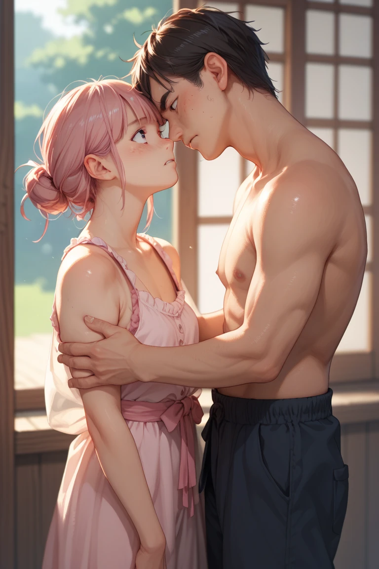 (girl,Fat middle-aged man:1.2)、Pink dress、blush、French kiss、(hug)、(Big Breasts)、Very detailed、High resolution、4K、masterpiece、High resolution、(tears:2)、(rape)、Straddle a man、toilet、(Sex:1.3)、(Grin)、Knee socks、(Breastfeeding)、(Oblique side view)、sit