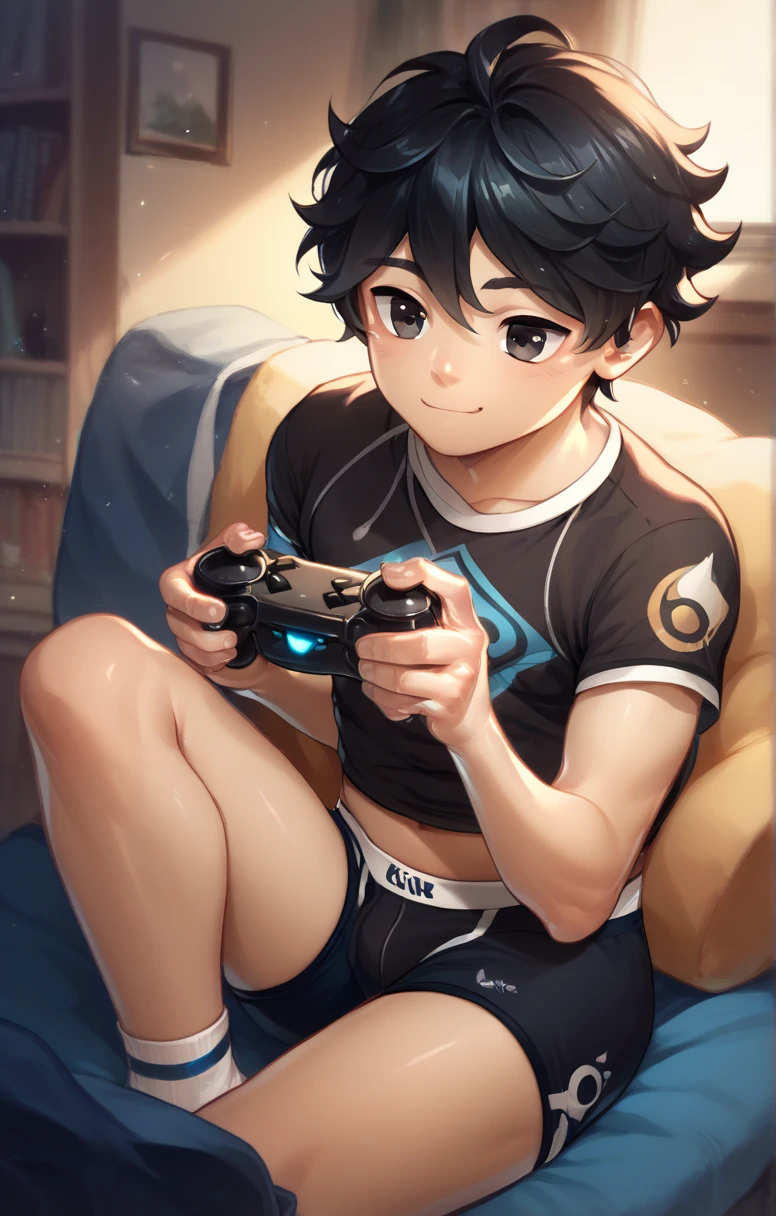  Cute young man twink curly black hair and black eyes black boxer briefs playing video games with Xbox controller in hand 