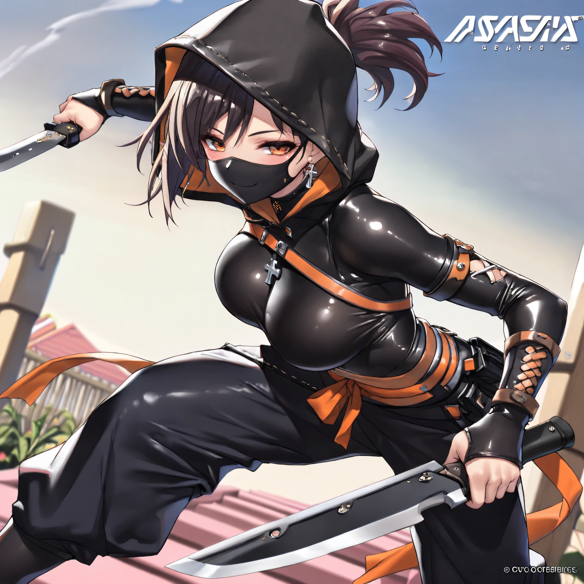 Anime girl in black and orange outfit holding a sword - SeaArt AI