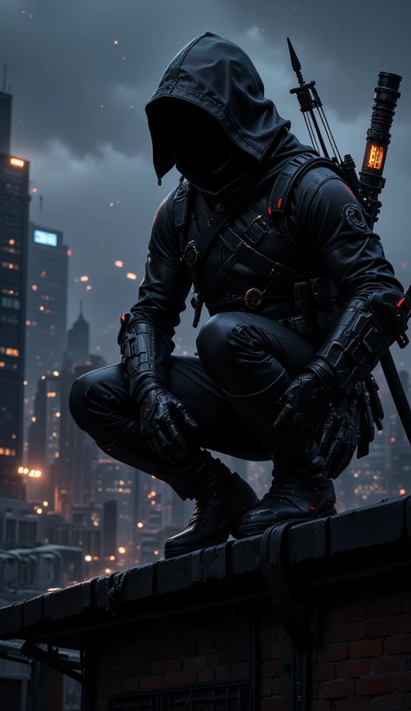 A black leather full-body image 、and a hood, Close-up of a hooded person in invisible armor . wears leather armor, Tights.epic ninja suit, Rogue.Leather fit to cover the whole body. smooth leather .Boy Teenage Assassin , stealth suit , Cyberpunk assassin , Squat down on the roof of a skyscraper.Handheld composite mechanical giant bow . black night . Dark atmosphere .Low light.Weak lights cast dramatic shadows. Weird cyberpunk atmosphere . cyberpunk city.Futuristic tech style
