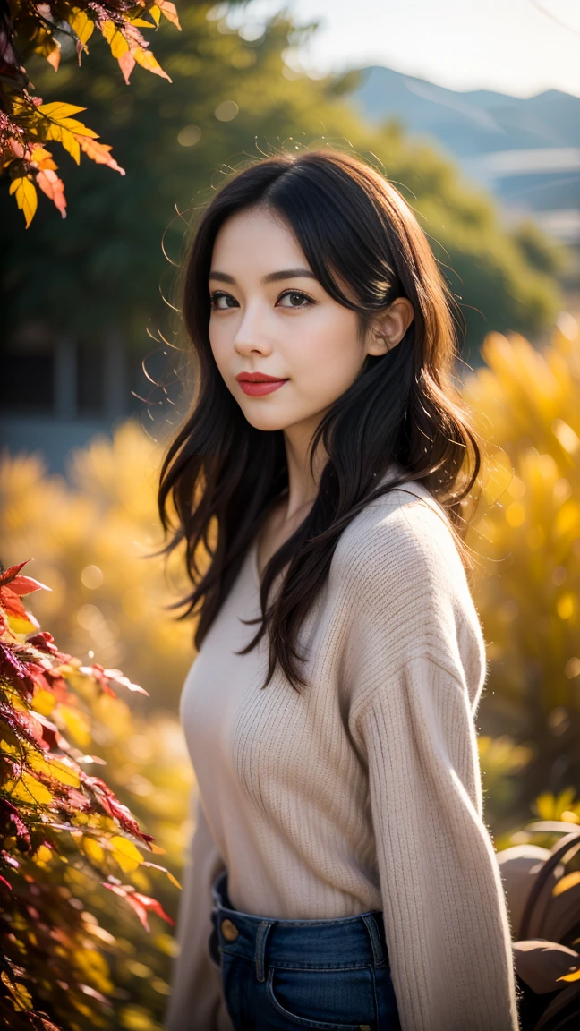 ((Highest quality, 8k, Ultra-high resolution)), ((masterpiece: 1.3)), (Perfect appearance), (Photorealism: 1.6), (JMA), (Who), (Portrait of a mature Japanese woman), (A forest path with beautiful autumn leaves: 1.2), ((Realistic skin texture)), (Fine wrinkles appear all over the skin, Dullness, Unmoisturized skin, Wrinkles around the eyes, double eyelid, Lower eyelid tear sulcus, Dimples, (corner of the eye), Thin eyebrows), Bulbous Nose, Slightly parted lips, Smiling Kindly, BREAK(Red Lip),BREAK (Autumn outfit: 1.2),