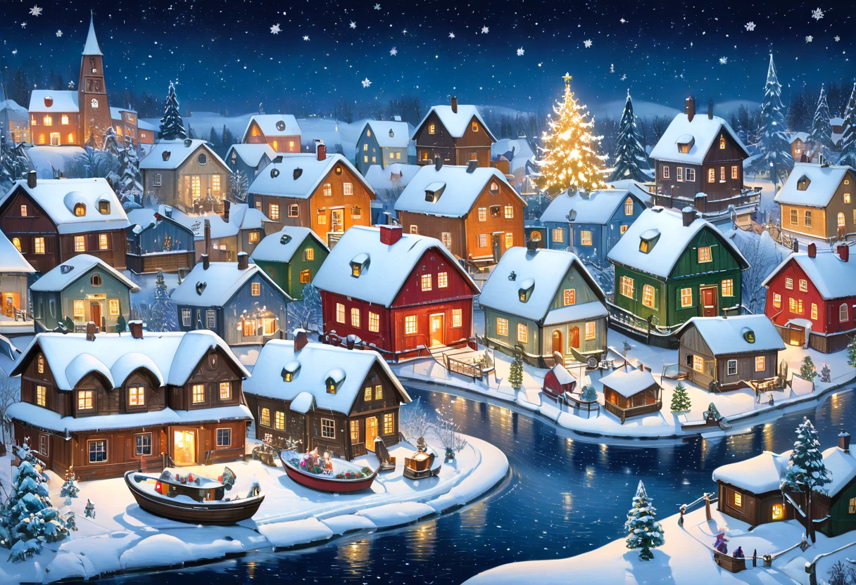 painting of a christmas village with a boat and a snowflake, winter night, christmas night, snowy winter christmas night, nightime village background, snowy night, winter painting, stary night painting, small scandinavian!!! houses, painting of, snowfall at night, cottage town, town background, traditional art, by Sven Nordqvist, extremely high resolution, swedish houses, magical village