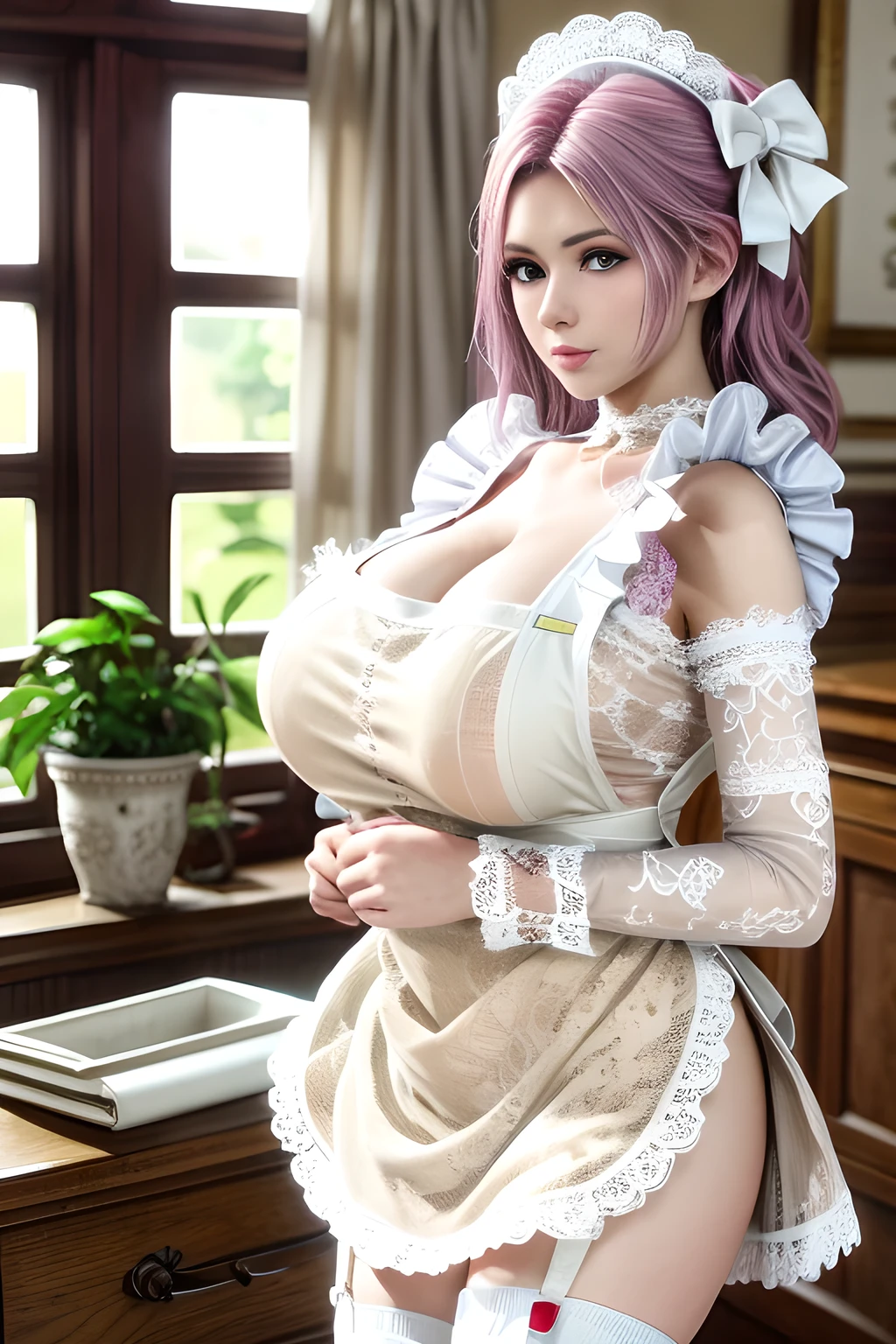 Meisterwerk, (realistisch), high-res, hochdetailliert, kompliziert, Beautiful women, rote Haare, blaue Augen, Sommersprossen, detailliertes Gesicht, maid outfit, looking at viewer, showing boobs, smile, huge boobs, in Cafe, serving you, lehnen, nude boobs, pink nipples, huge tits