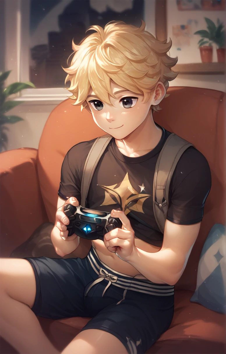  Cute young man twink curly blonde hair and black eyes black boxer briefs playing video games with Xbox controller in hand 