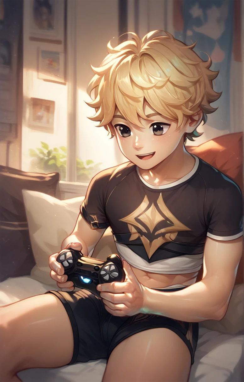  Cute young man twink curly blonde hair and black eyes black boxer briefs playing video games with Xbox controller in hand 