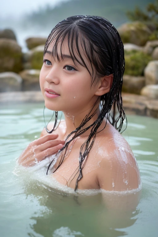 (masterpiece), ( top quality :1.4), Ridiculous, [: complicated details:0.2],  1 girl, (Naked Towel), (FOUNTAIN, hot spring:1.2),   moist skin mouth , (fog:1.2), mist,  My skin is shiny,  growing skin, (partially submerged in the hot spring:1.2), ( wet hair:1.2), mist,  wet, moisture, FULL BODY SHOT 