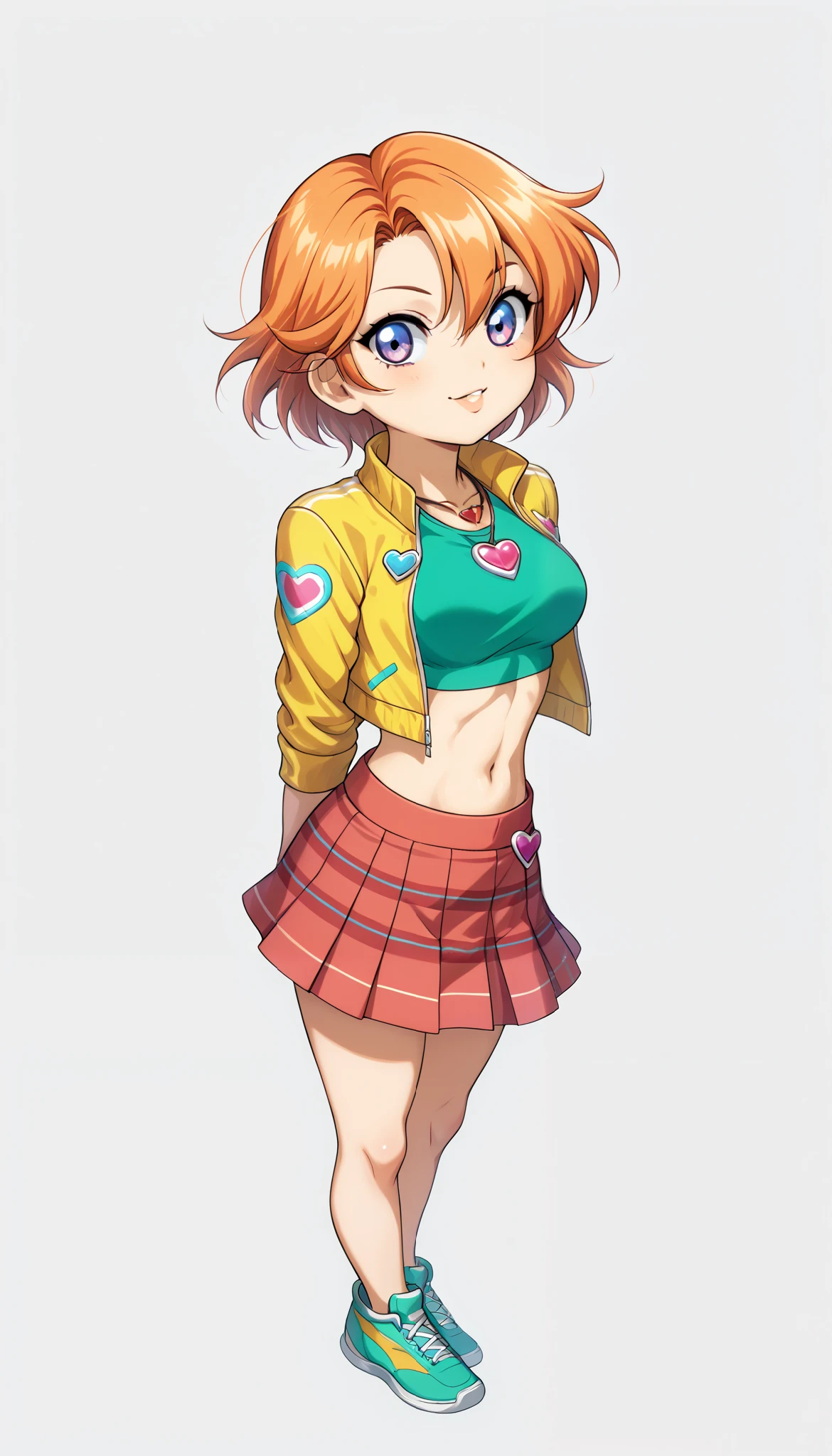 1girl, short hair, orange hair, green shirt, skin tight crop top, form fitting, bare midriff, heart symbol, plaid skirt, red skirt, tied jacket, yellow jacket, mini skirt, standing, necklace, looking at viewer, sporty, athletic build, confident pose,2D, cel shading, simple background, white background, anime style, video game art, sharp lines, vibrant colors, retro style,big breaats, breasts outlines, relaxed pose,arms behind back,chibi,full body