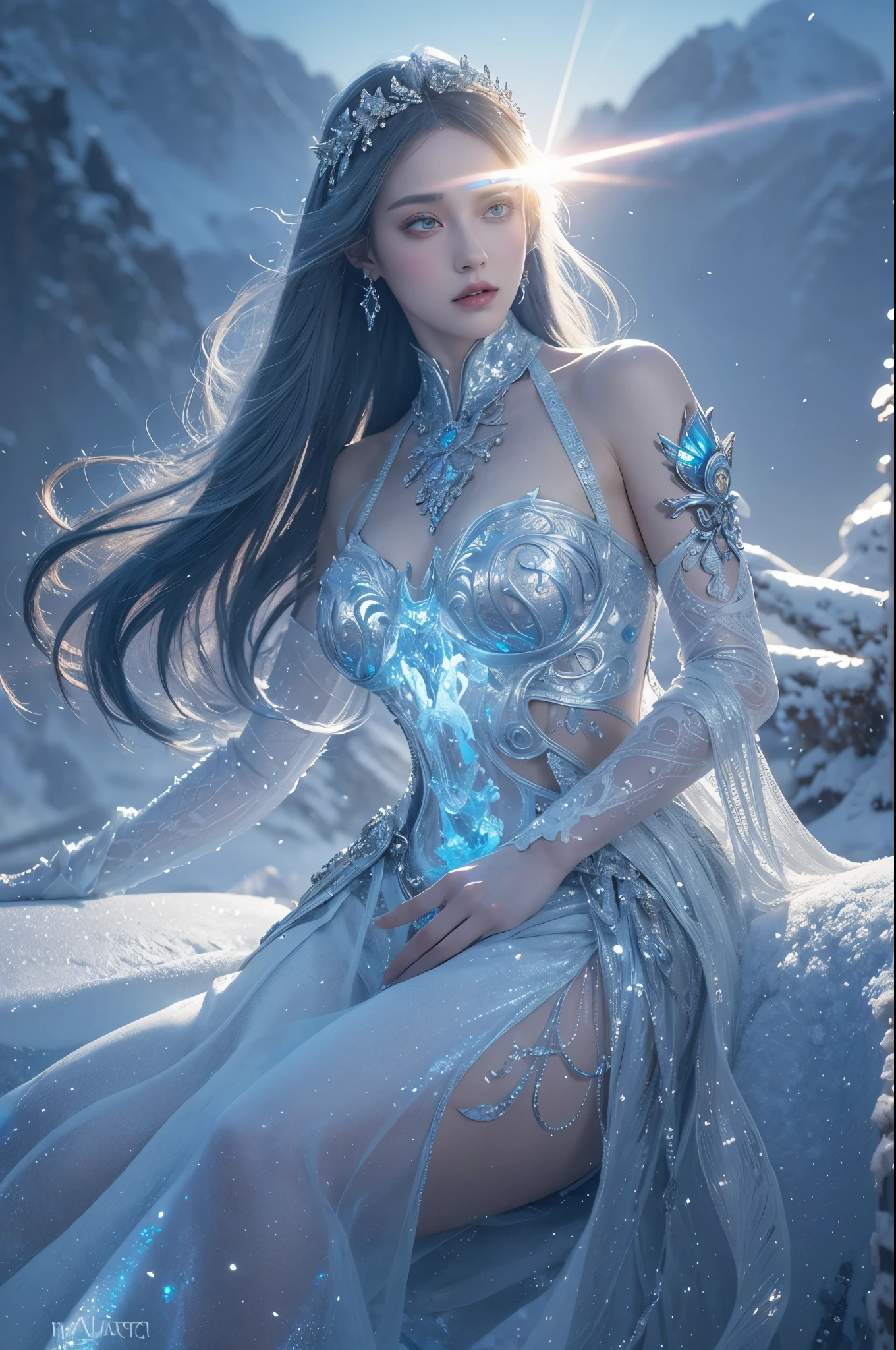 dressed, (details of a very beautiful face)(best quality:1.4)16k resolution,(photo realistic:1.65), (realistic:1.65), 16k, (1girl:1.4) 21years old、((ancient ice priestess:1.3))、(((pillar of neon cold light from the sky:1.4))), (Increase quality:1.3), (best quality real texture skin:1.2), (ultra detailed eyes:1.3), ((finely detailed face:1.3)), ((finely quality eyes)), (tired and sleepy and satisfied:0.0), (detailed lips:1.33)、(Detailed nose:1.2)、(Increase body line mood:1.1), (Increase skin texture beauty:1.3), (small head: 1.4)、(slim face), ((anatomically correct)), velvety frost_makeup:1.35, long_blue_eyeliner:1.2, (frozen blue_ice_lipstick:1.4), ((frozen_blue_eyes:1.3)), (perfect blue_frozen_eyeshadows:1.3), there a close up of a woman's, (super detailed makeup on eyes:1.3), iridescent eyes, with professional makeup, vibrant eyes:1.2, (((Fluorescent ice crystals of different color:1.43)), (translucent:1.4), (Fantasy:1.4))), (anatomically correct:1.3)、((cleavage))、(I encourage you to choose a subdued and perfectly coordinated background for your phenomenal, diverse random creation)、((Use any technique to combine available materials, ((ice, fantasy armor, glass)):1.4), ((a beautiful antique ice diadem on her head)), (((bioluminescence ice:1.33))), ((fantasy elemental magic of the land of ice:1.31)), ((hair is a different color than eyes)), dynamic random fancy, professional hairstyles)、(very delicate and beautiful、fine details:1.3)、((ultra sharp fouatte skin:1.45))、((upper body shot:1.3))、(((wearing a dress of bioluminescence ice armor:1.33))), (((a very complicated, fancy style of dress in the shape of ice crystals: 1.65))), ((falling snowflakes, icy touch in the foreground:1.34)), UHD