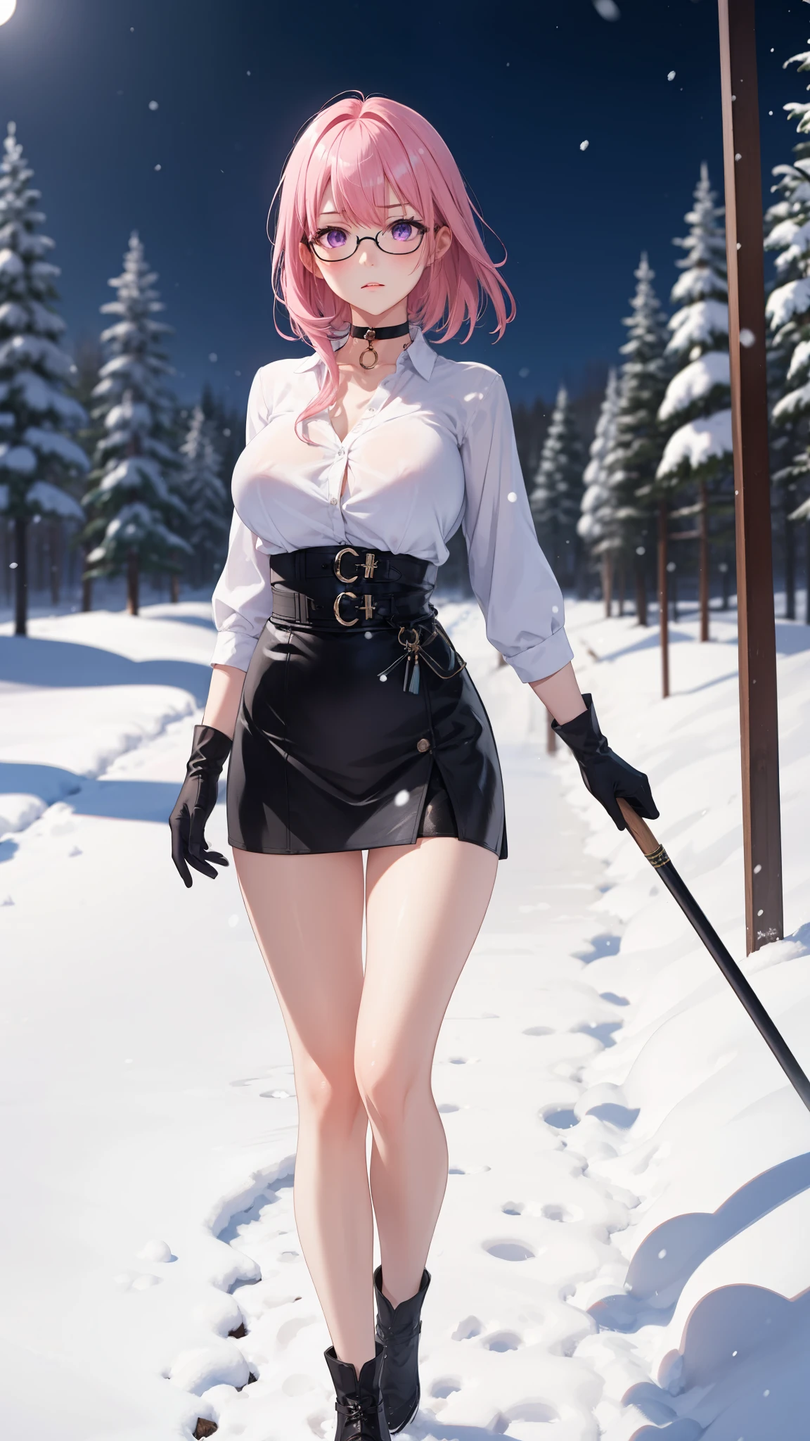 1 girl, Yanagi Tsukishiro , Alone,  big breasts, standing, fighting pose, sensual lips,  pink hair ,  seen from the front,  slender legs ,  Looking at the spectator ,  beautiful eyes ,  detailed eyes , purple eyes, Hold a spear with your right hand,  simple samurai shoulder pad , glasses,  choker :1.6, ( black gloves),  shiny high waist mini skirt, ( white shirt with ),  serious expression , snowy forest, snow, blizzard,  at night