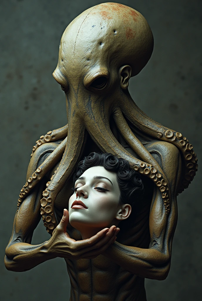 (extremadamente detallado, obra maestra, La mejor calidad), Estilo oscuro, intense illumination, rostro con arrugas, mujer crucificada, tentacle, monstruoso, interior de una piscina de agua, imagen submarina, alien con Colmillos finos. manchas de tinta. Rococo composition. Luz de caravaggio