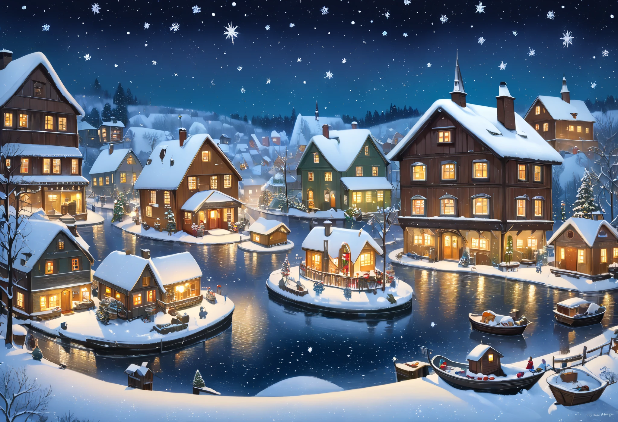 painting of a christmas village with a boat and a snowflake, winter night, christmas night, snowy winter christmas night, nightime village background, snowy night, winter painting, stary night painting, small scandinavian!!! houses, painting of, snowfall at night, cottage town, town background, traditional art, by Sven Nordqvist, extremely high resolution, swedish houses, magical village